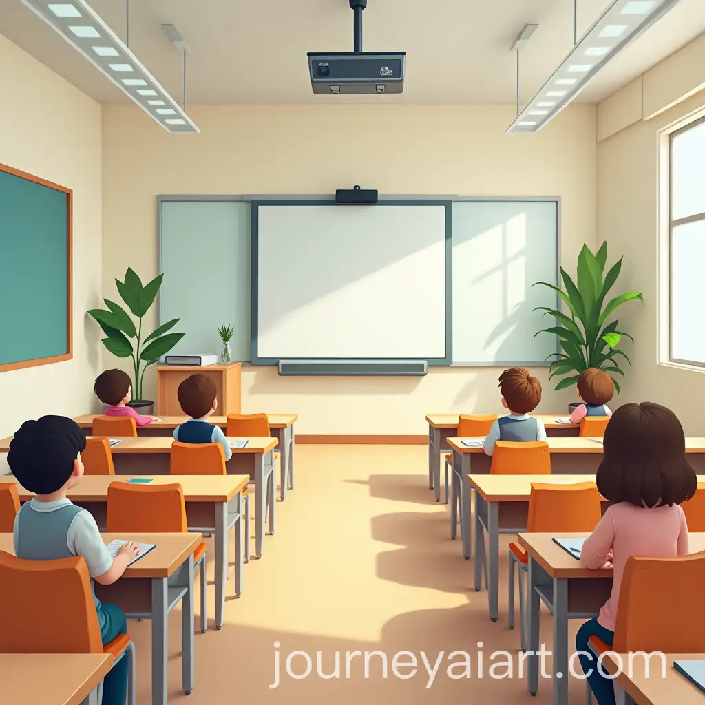 Traditional-Elementary-School-Classroom-with-Teachers-Space-Projector-and-Whiteboard