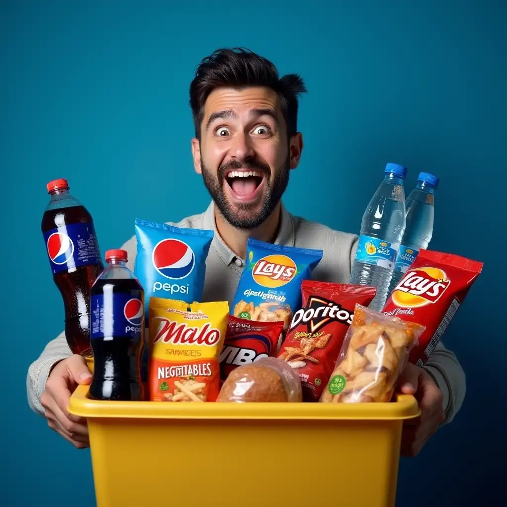 A happy man holding numerous grocery items (Pepsi Bottles, Chips Lay's, Doritos, Water, Bread, Wegitables and more) in his hands. He is excited to go home with all the food, as it's on sale at the supermarket. Dark blue Background. This is a high-resolution, hyper-realistic photograph.