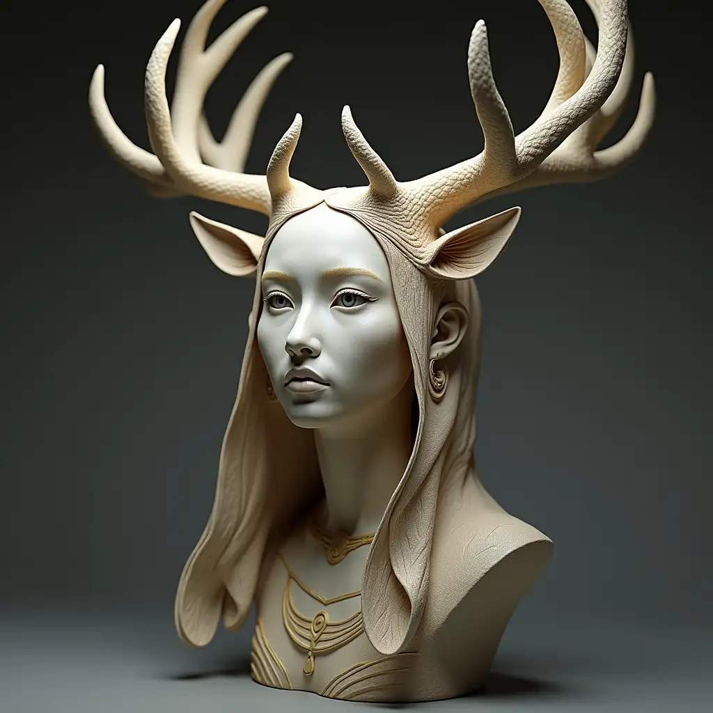 hyper realistic 3D sculpture bust of an Indigenous woman fantasy deer woman antlers with beautiful woman face nature Indigenous mythology