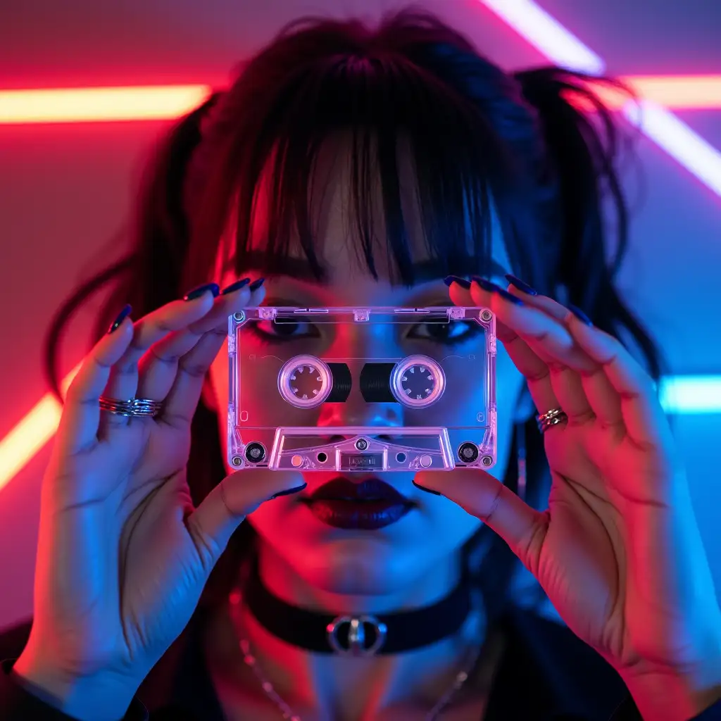 A close-up of a woman holding a transparent cassette tape in front of her face. The cassette is positioned perfectly in the center, directly in front of her eyes, obscuring her facial features. Her nails are painted dark blue, and she is gripping the edges of the cassette with both hands. The woman’s lips are painted dark, and she is wearing a black choker with a silver ring in the center. Her hair is styled into short black pigtails, with some strands falling over her forehead. The lighting is vibrant and neon, casting shades of red, blue, and purple across her face, hands, and the cassette tape. The background is a mix of abstract neon lights, featuring bold and glowing red and blue lines, creating a dynamic, futuristic atmosphere.