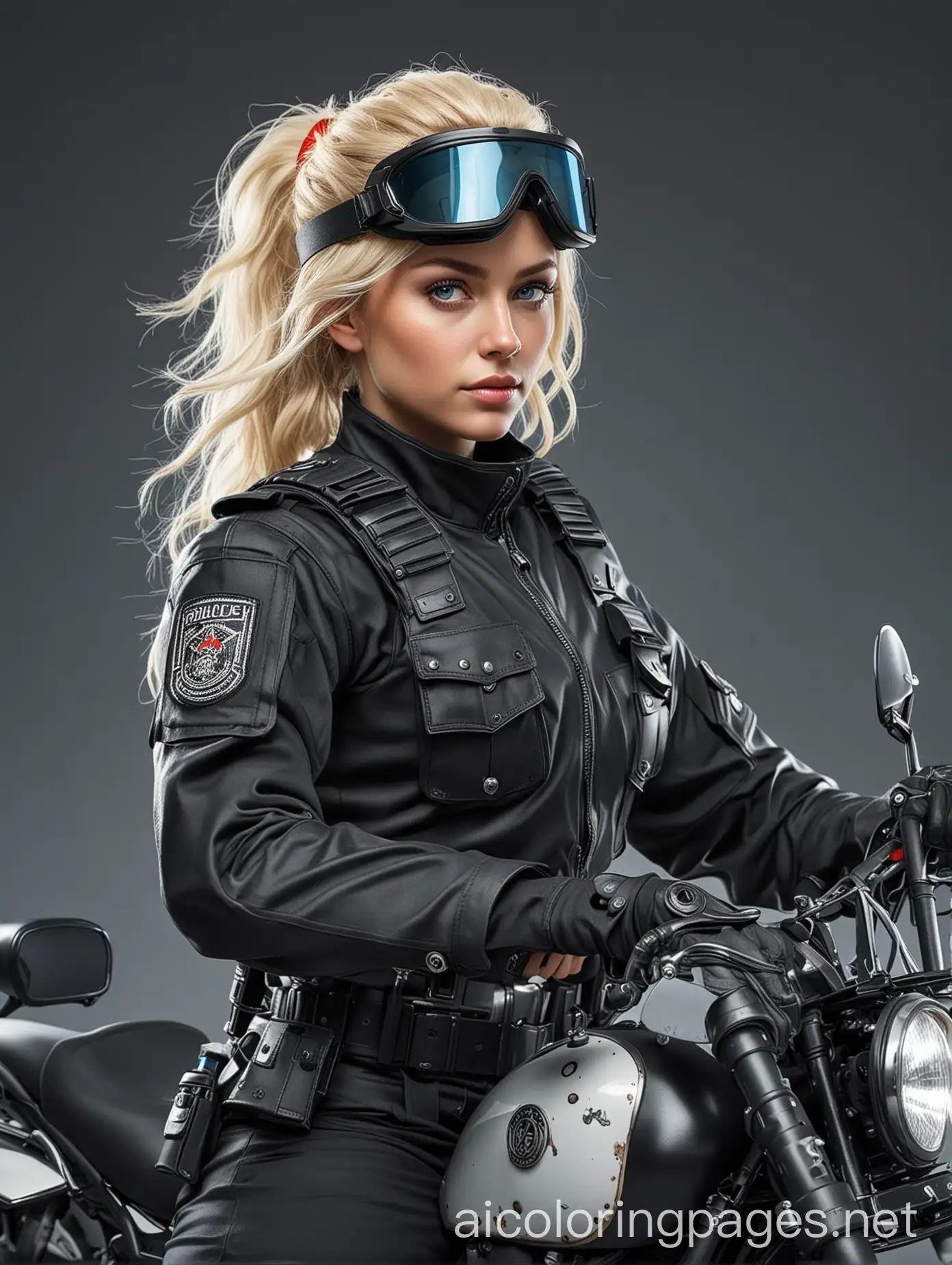 full color, highly realistic post apocalyptic female police officer in black riot gear with helmet, blonde hair, blue eyes, no headwear, sitting on a squad bike with blue and red lights, Coloring Page, black and white, line art, white background, Simplicity, Ample White Space. The background of the coloring page is plain white to make it easy for young children to color within the lines. The outlines of all the subjects are easy to distinguish, making it simple for kids to color without too much difficulty