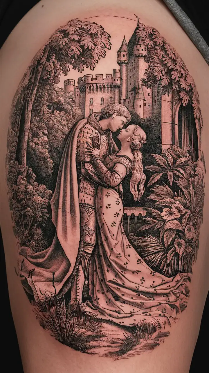 Medieval-Engraving-Tattoo-of-Knight-and-Lady-in-a-Garden-with-Castle-Background