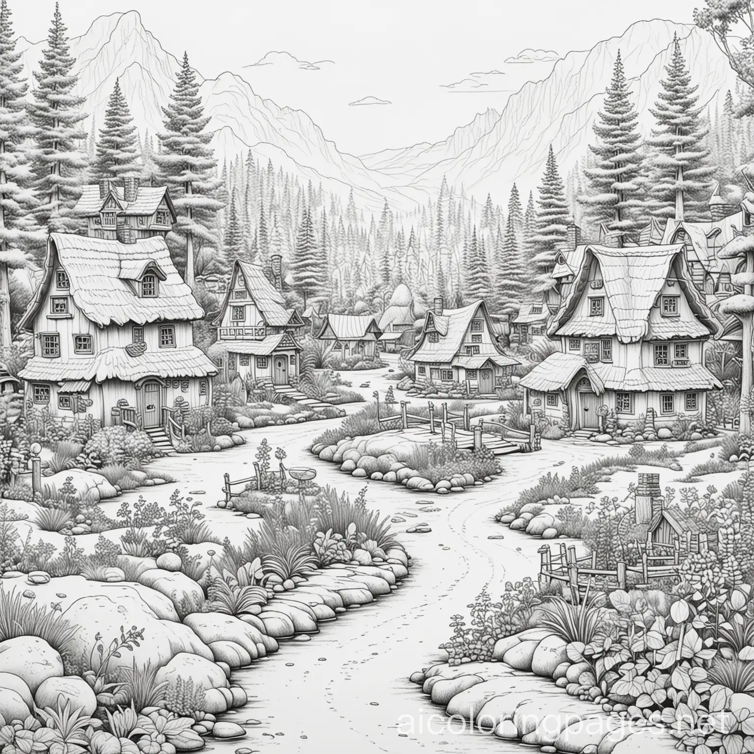 Gnomes village, Coloring Page, black and white, line art, white background, Simplicity, Ample White Space. The background of the coloring page is plain white to make it easy for young children to color within the lines. The outlines of all the subjects are easy to distinguish, making it simple for kids to color without too much difficulty