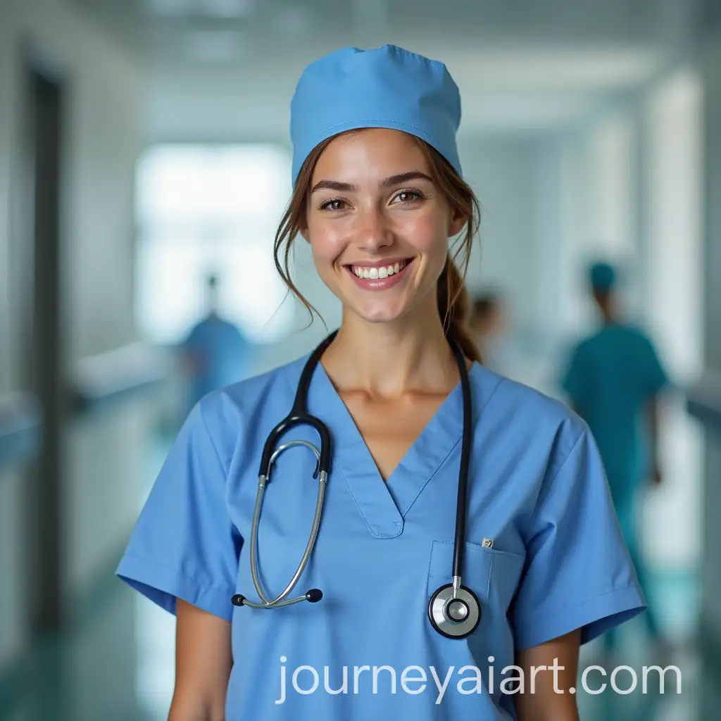 Young-Nurse-Poses-in-Hospital-Lobby-with-Cap-and-Stethoscope