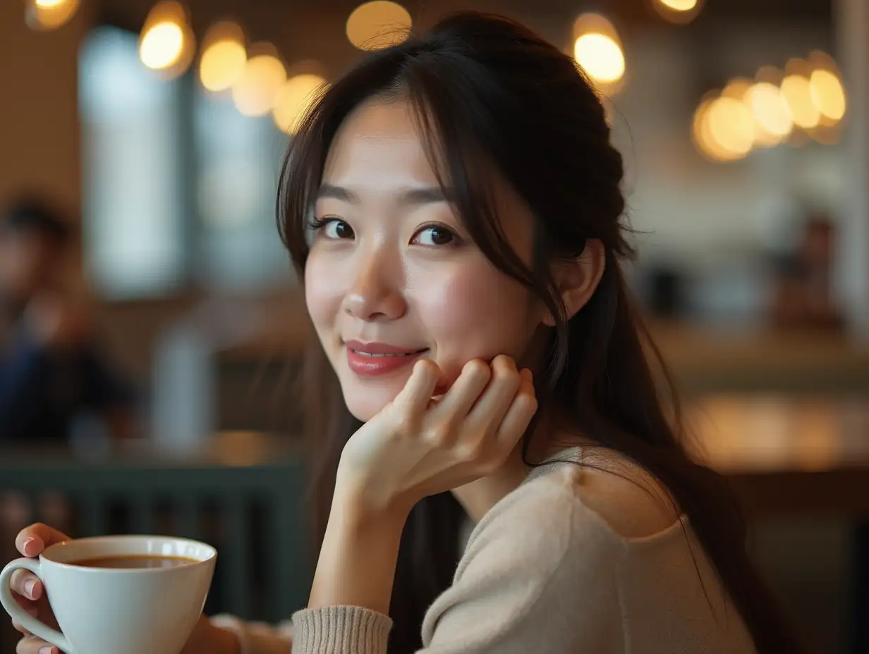 a woman, Chinese, middle-aged, with loose hair, sitting in a coffee shop, holding a cup of coffee