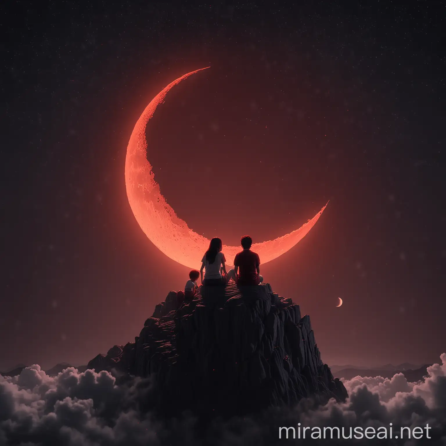 Children Sitting on Half Moon at Midnight with Red Moonlight