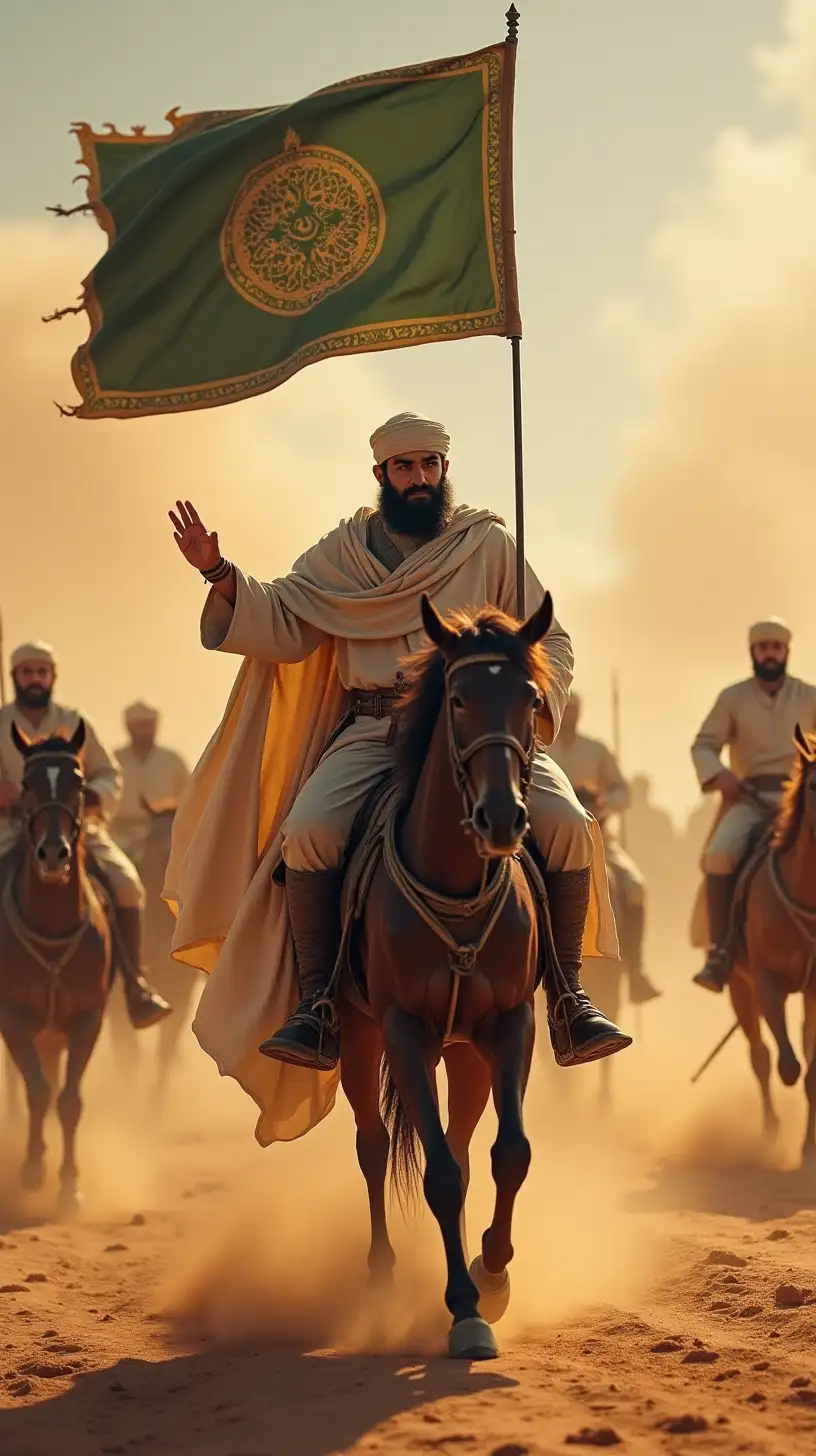 Ebu Bekir Leading His Army in the Desert with Islamic Flag