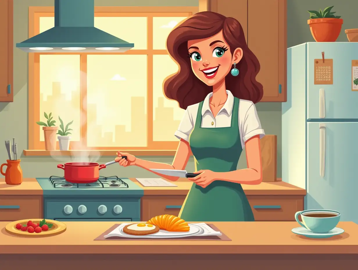 a young housewife cooks a breakfast meal in the kitchen of urban village, retro cartoon style image