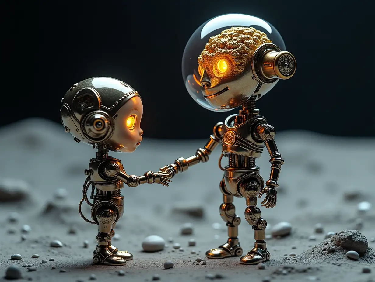 Create a high-resolution, realistic image of artificial intelligence Robert, two meters and a robot one meter high, with gears on arms and legs, gears on cheeks and a glass head with visible gold plated brain, screws with many gears, and many small glass balls on the moon surface at 4k resolution