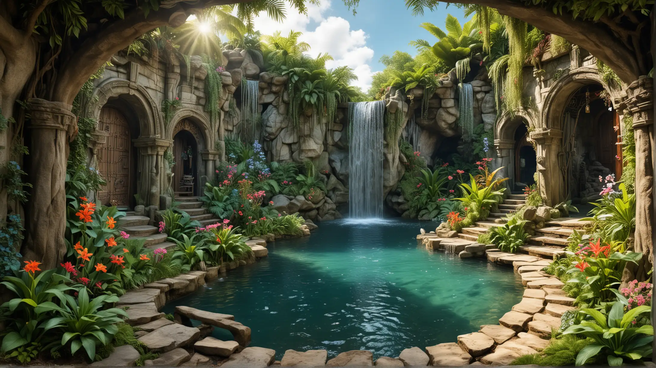 Panoramic Enchanted Paradise Garden with Waterfall and Secret Door