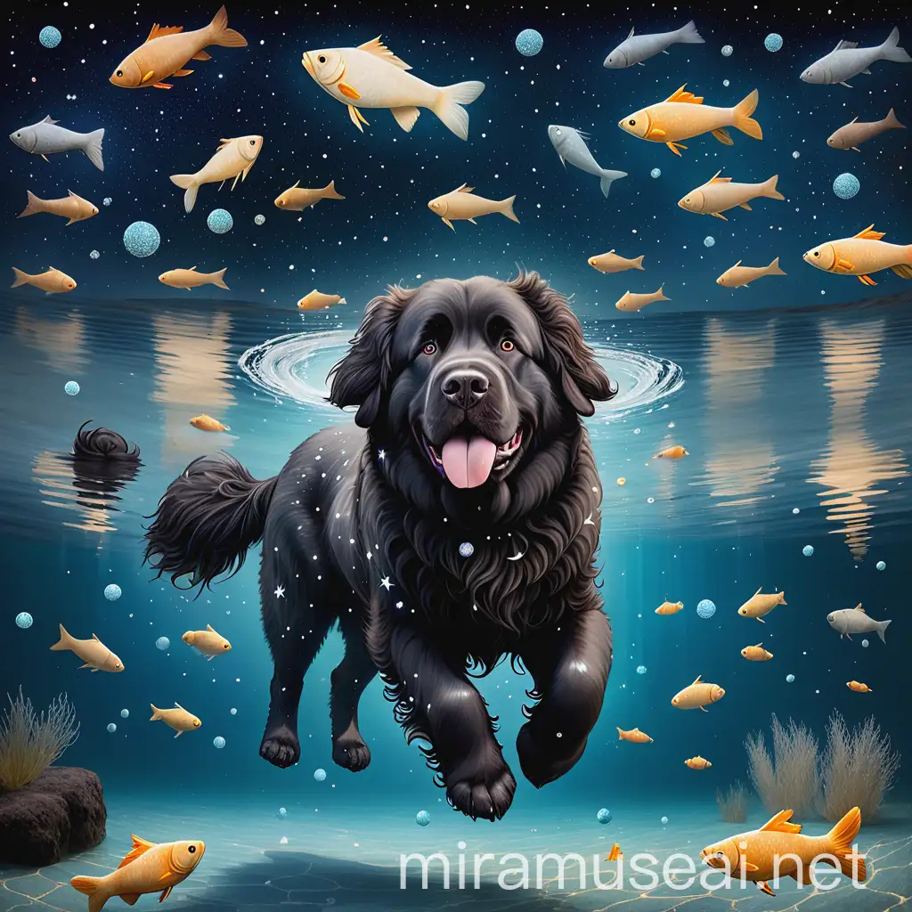 Newfoundland Dog Swimming in Crystal Clear Water with Fish and Zodiac Constellation Background