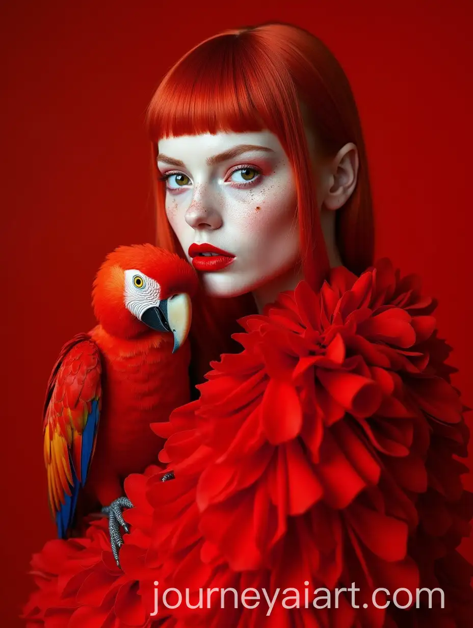 AvantGarde-Fashion-Model-with-Red-Parrot-and-Red-Flowing-Dress