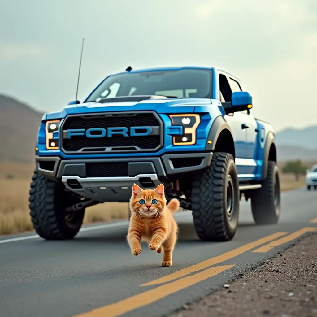 A huge blue ford f-150 raptor is chasing a fluffy red cat, who runs in fear down the road, with blue eyes, and some scary punks are in the car, picture