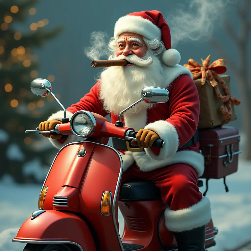 Santa playing guitar whilst smoking a big cigar and riding a scooter