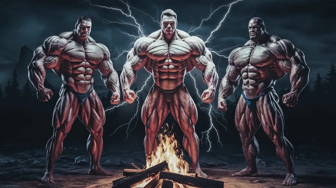 Three powerfully muscled, hugely ripped, pumped musclegod bodybuilders stand around a campfire at night, in ecstasy as luminous lightning and electricity surges through their muscles. 26 years old. Photorealistic.