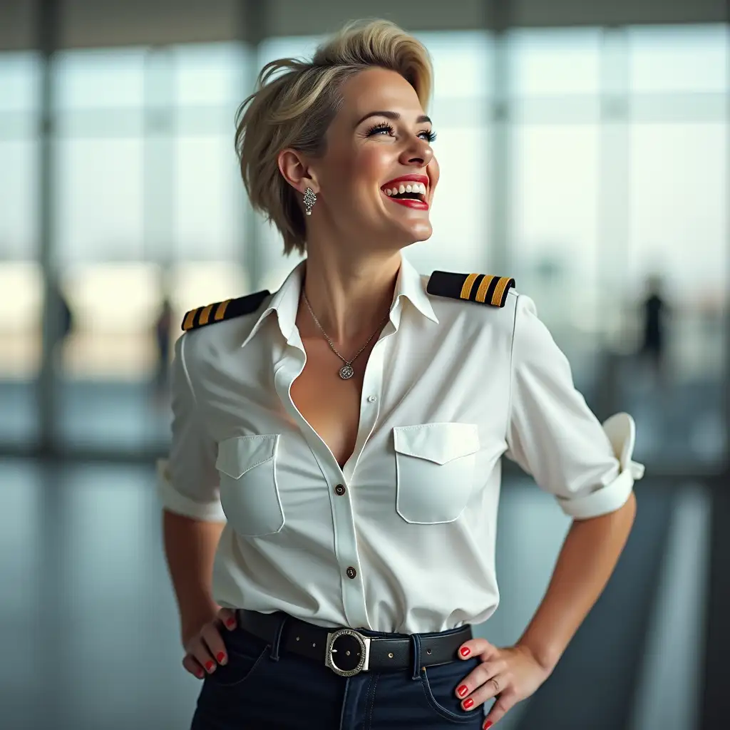 white norvegian curvy pilot lady, in white unbuttoned pilot shirt, laughing with her mouth open, red lipstick accentuating her smile,belt on waist, big wide hips, chest are fully grown, jewerly, short hair, HD, enjoying at airport , photo-realism