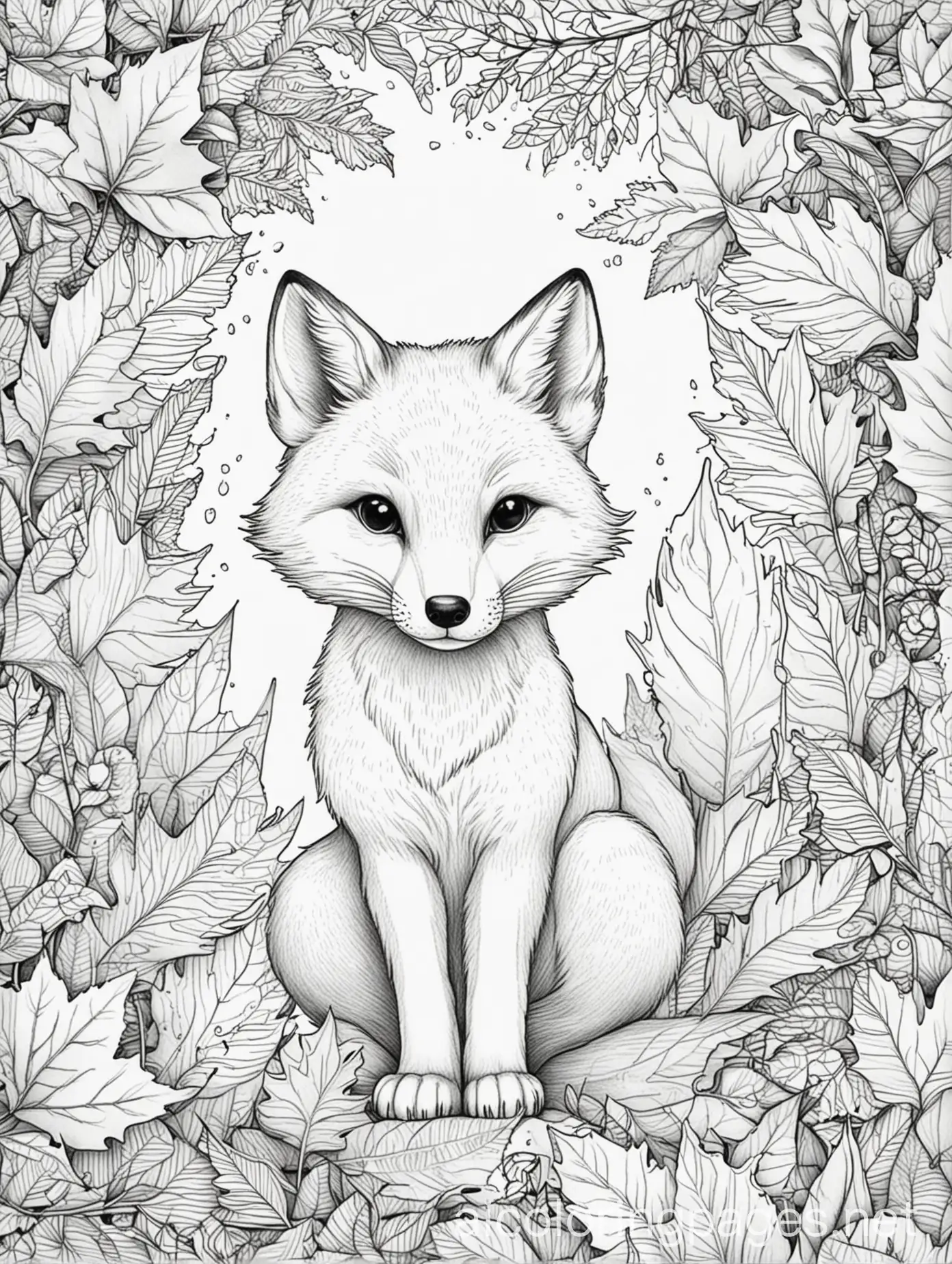 Fox-Surrounded-by-Fall-Leaves-Coloring-Page