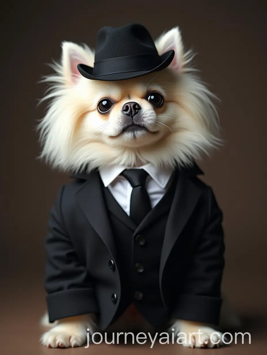 Sophisticated-Albino-Pekingese-Dog-in-Mafia-Style-Suit-and-Fedora-Hat