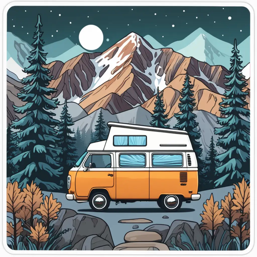 Camper Van with Mountain and Tree Sticker