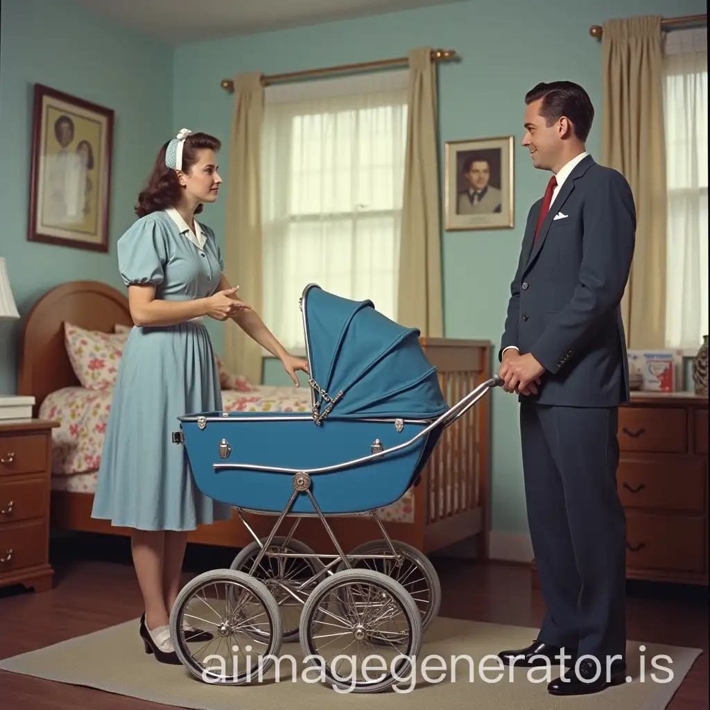 1950s-Nanny-and-College-Boy-in-Nursery-with-Blue-Pram