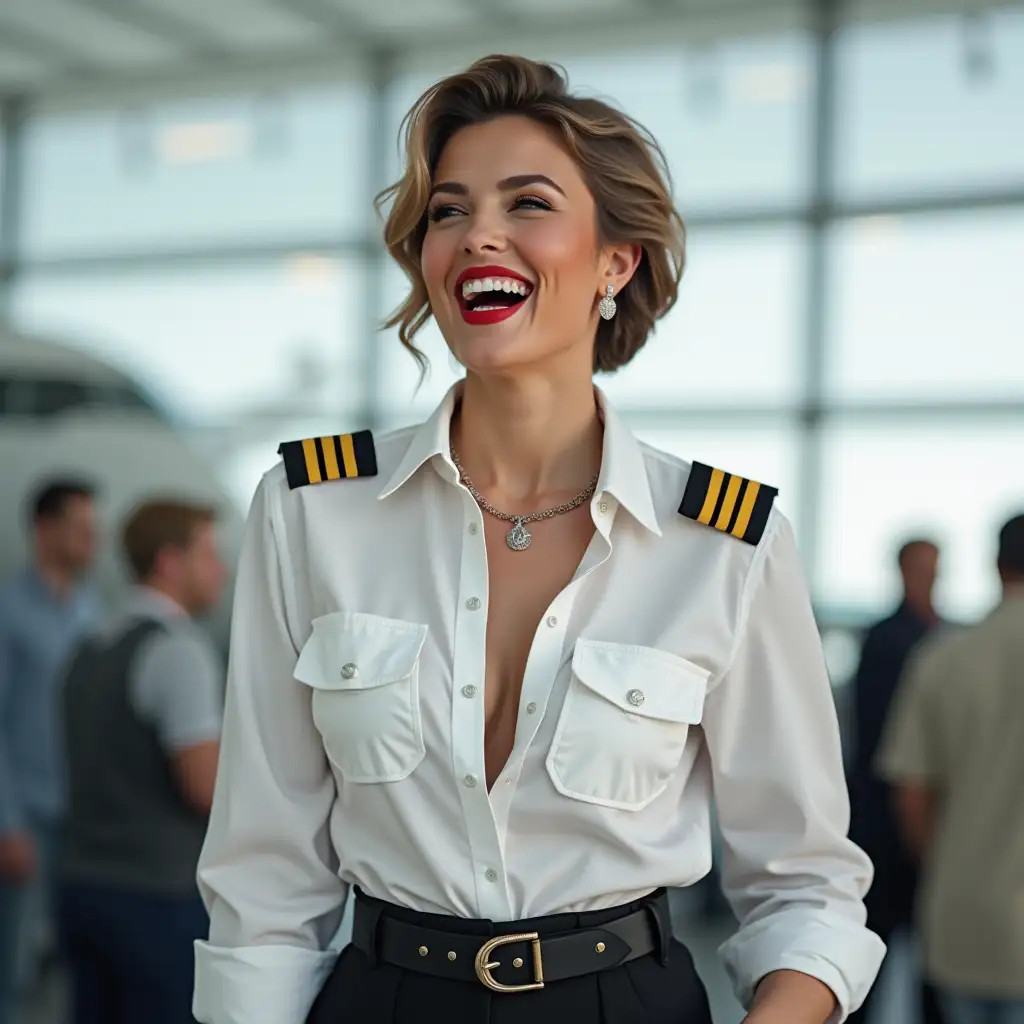 white norvegian curvy pilot lady, in white unbuttoned pilot shirt, laughing with her mouth open, red lipstick accentuating her smile,belt on waist, big wide hips, chest are fully grown, jewerly, short hair, HD, enjoying at airport , photo-realism