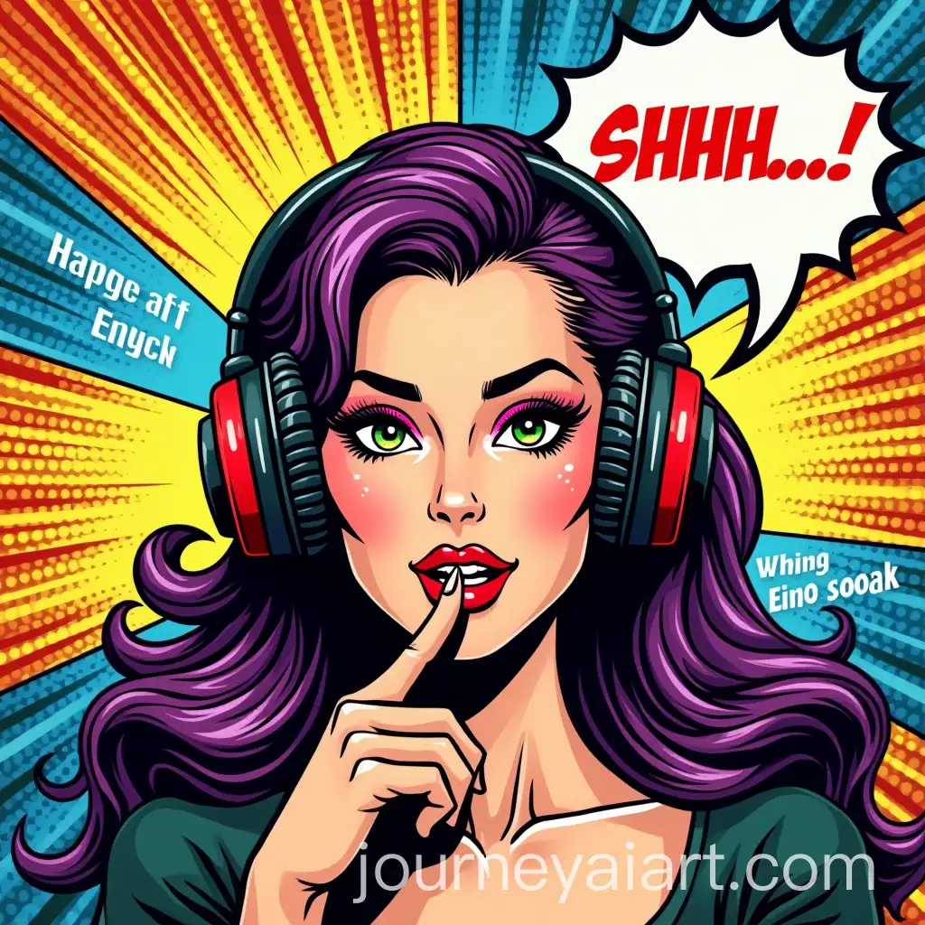 Glamorous-Woman-in-PopArt-Style-with-Futuristic-Headphones-and-Shushing-Gesture