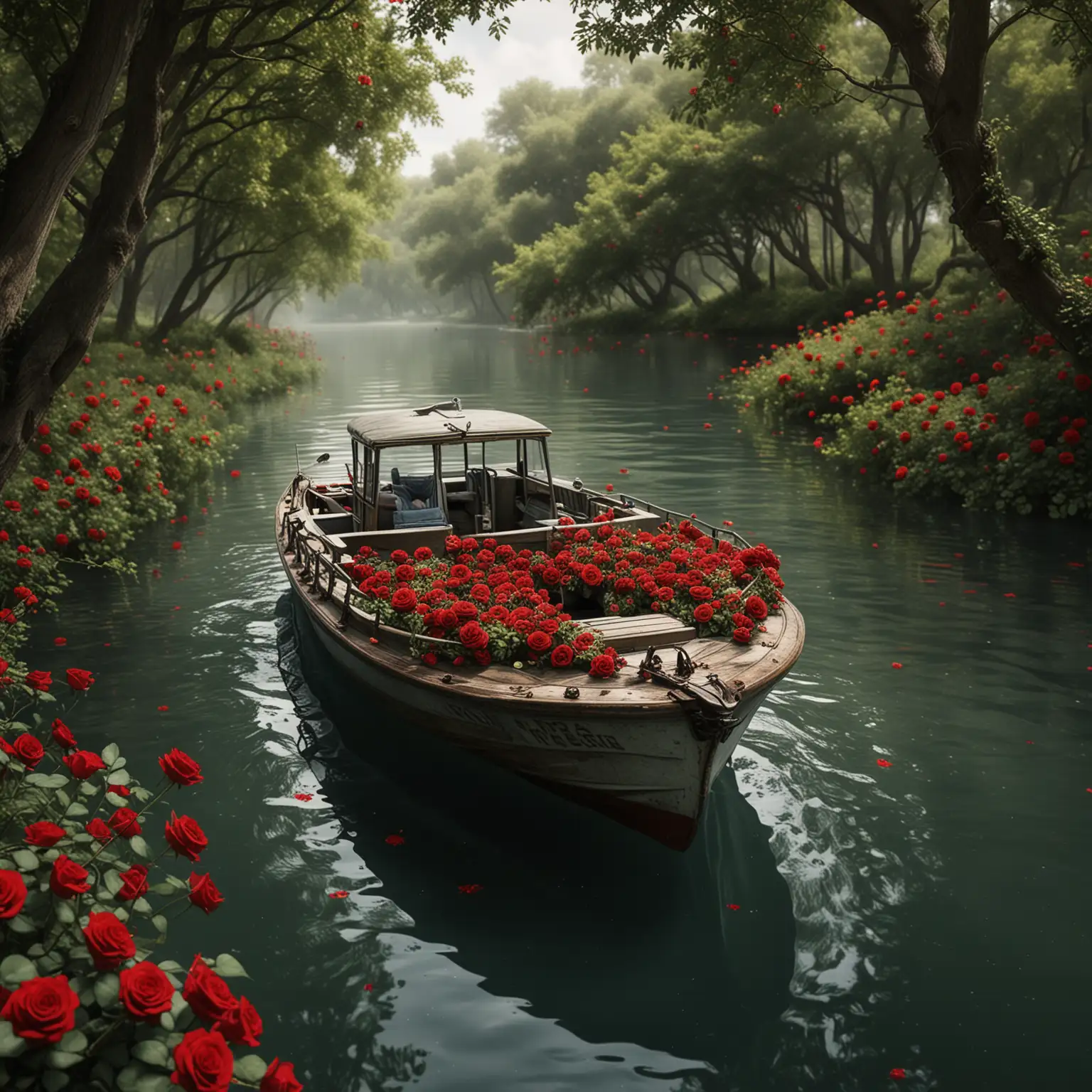 Boat-Floating-in-Water-Among-Green-Trees-and-Red-Roses