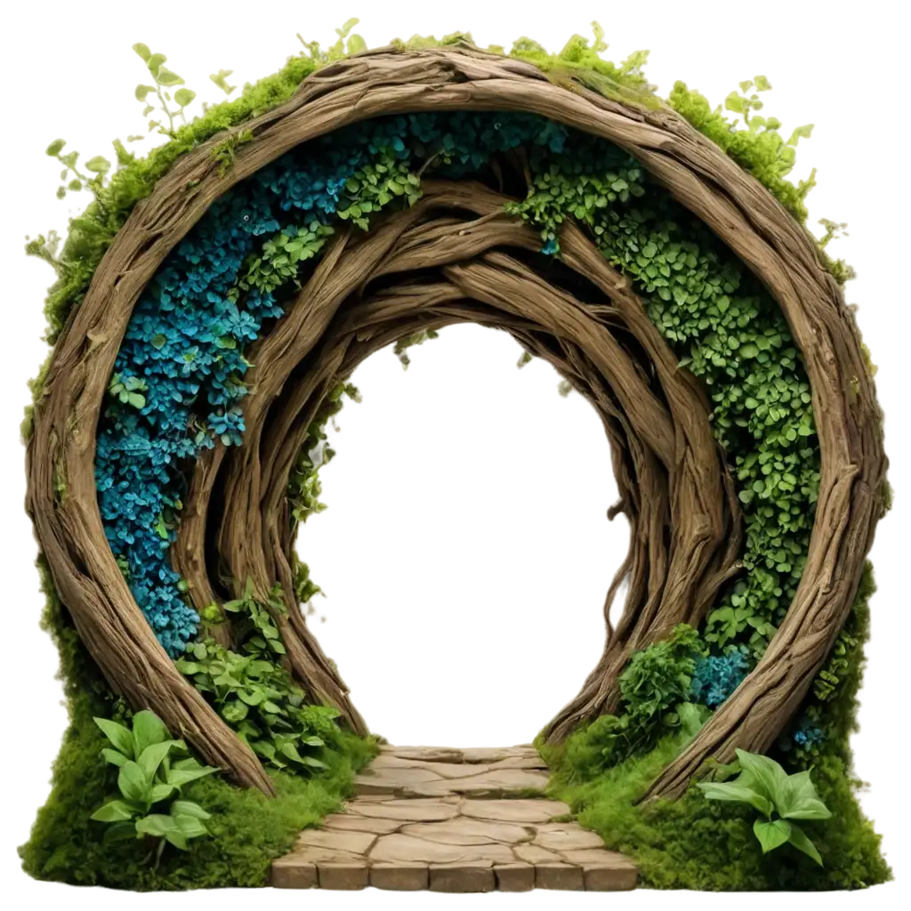 PNG-Image-of-a-Root-Portal-with-Wooded-Elements-in-Blue-and-Green-Tones