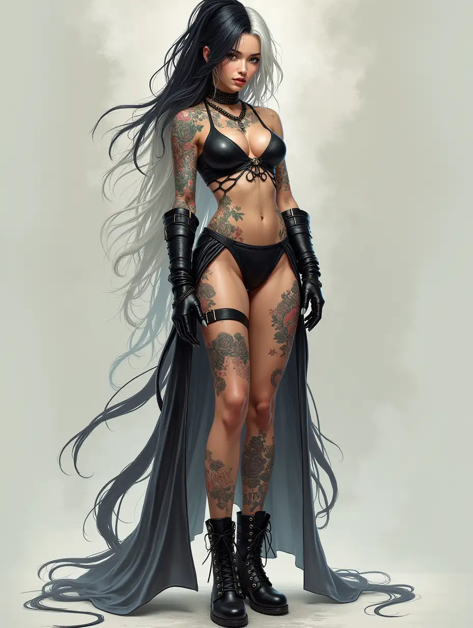 Depiction of a beautiful white woman with tattoos and long mixed white-black hair in a futuristic style and laced boots