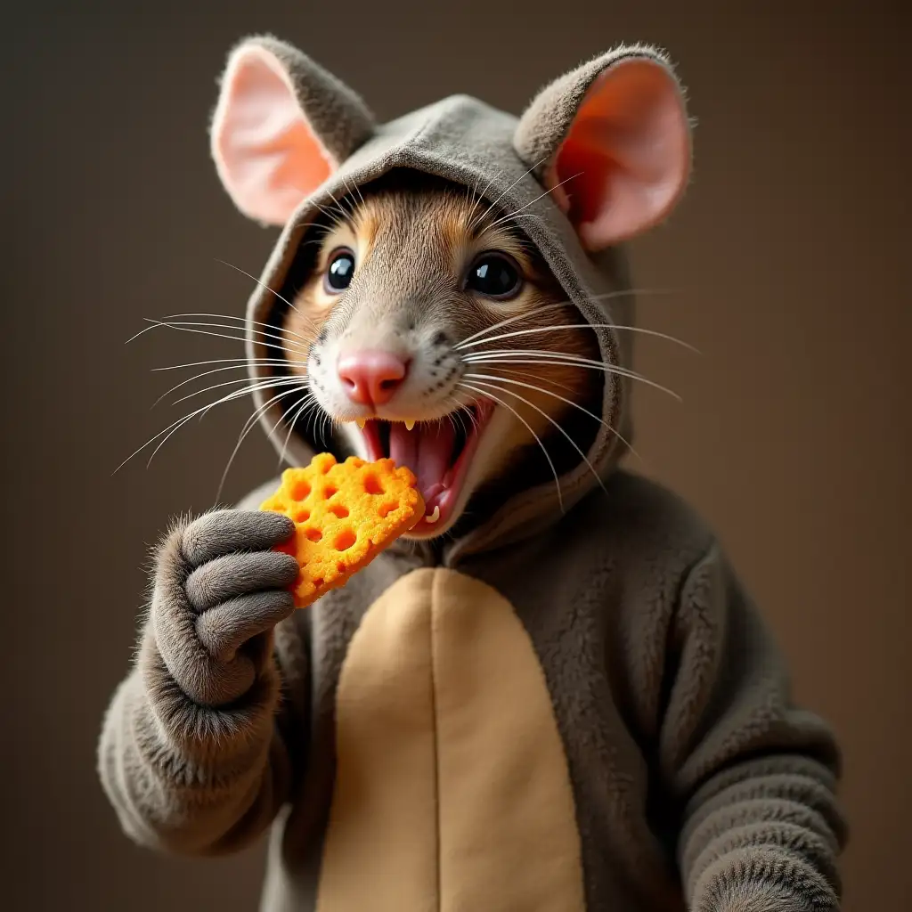 kellen eating cheezits while wearing a rat costume