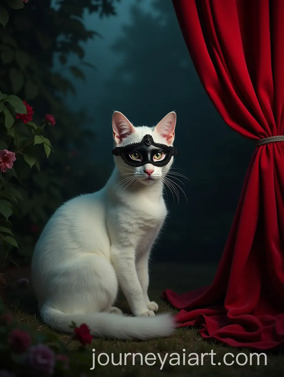 Elegant-White-Cat-in-CanCan-Dress-and-Masquerade-Mask-in-Night-English-Garden