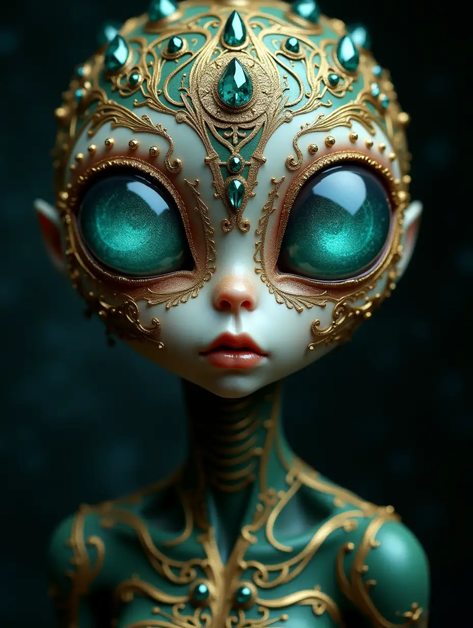 an attractive freaky alien girl with huge aquamarine eyes, head and porcelain face are covered with golden open work filigree and tiny black crystalls, green metal exoskeleton,  celestial background, photorealistic, grotesque, dark botanical, gothic,  diamond graphics, celestial, lots of tiny fine-lined filigree elements, thoroughly detailed, ultra HD, 8k, blur free details, high detail, photorealism