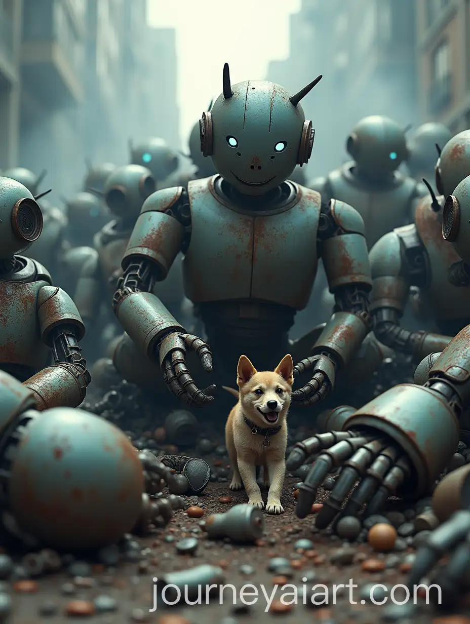 Playful-Dog-with-Broken-Robot-Parts-in-a-Ruined-Cityscape