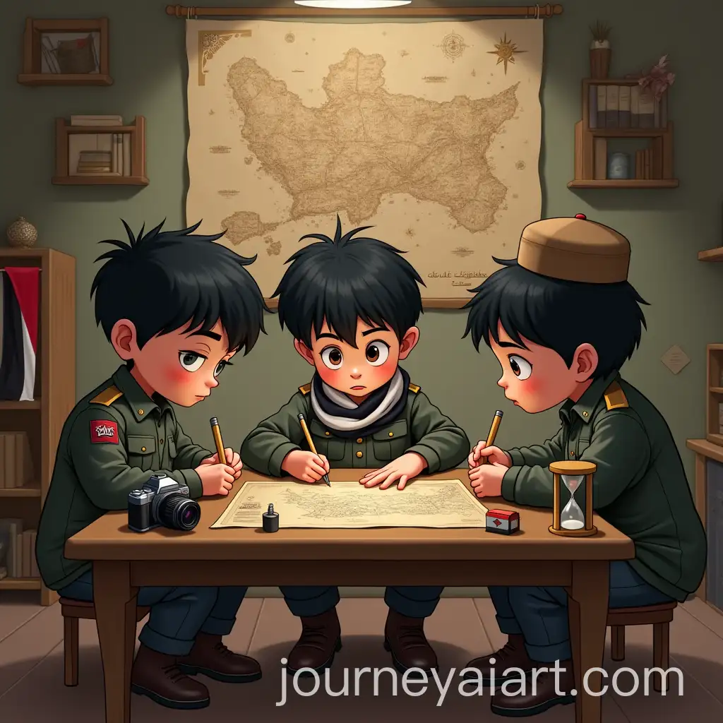 Young-Boys-in-Military-Themed-Room-Working-on-Treasure-Map-with-Palestinian-Flag