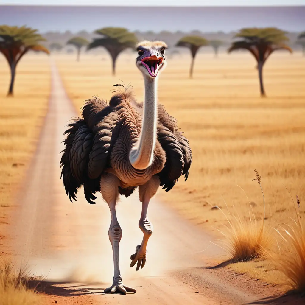 Cheerful Ostrich Running Across Wide Sunny Savannah