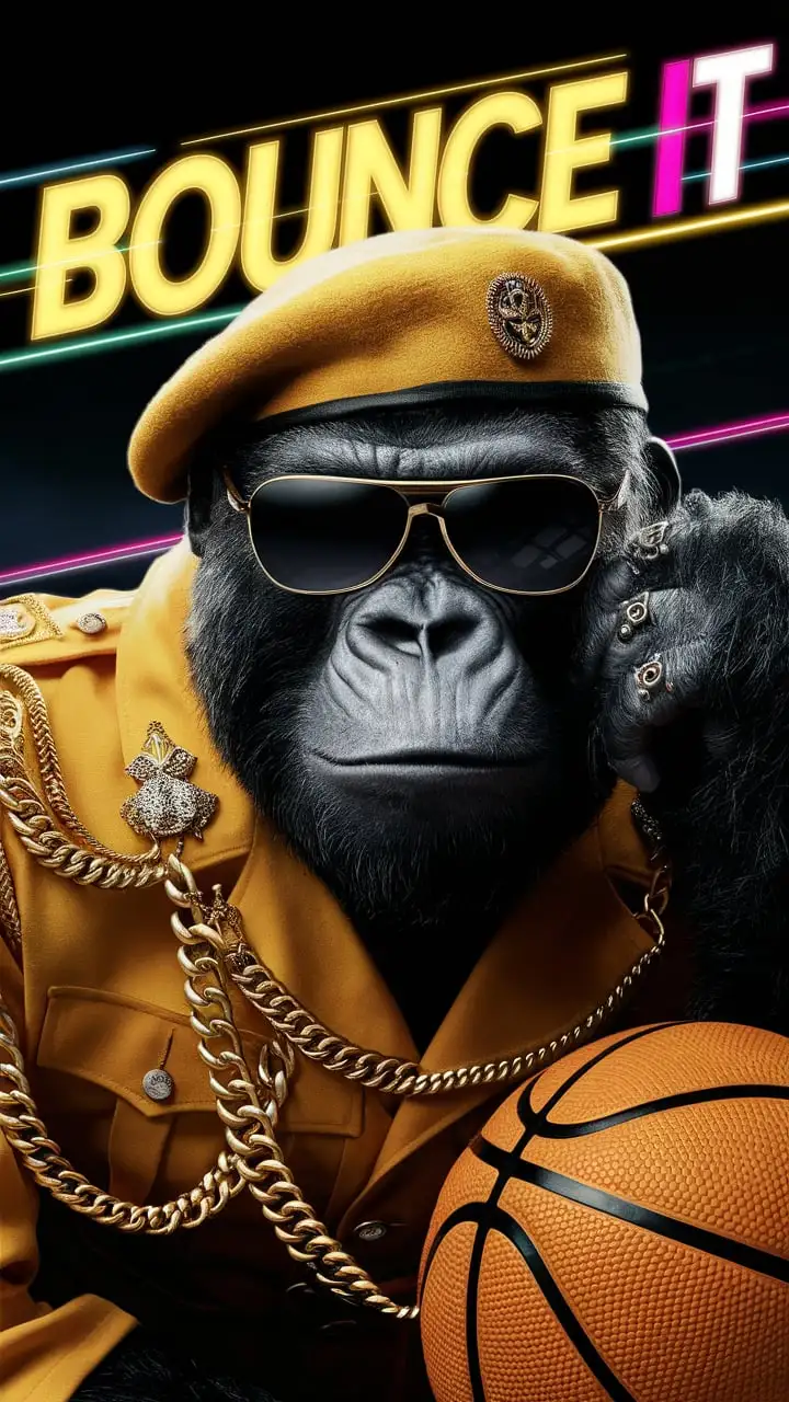 Gorilla in Yellow Military Attire with Basketball and Neon BOUNCE IT