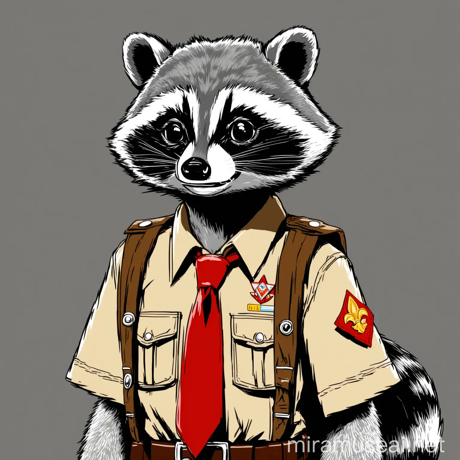 Black and White Raccoon in Boy Scout Attire Smiling Charmingly