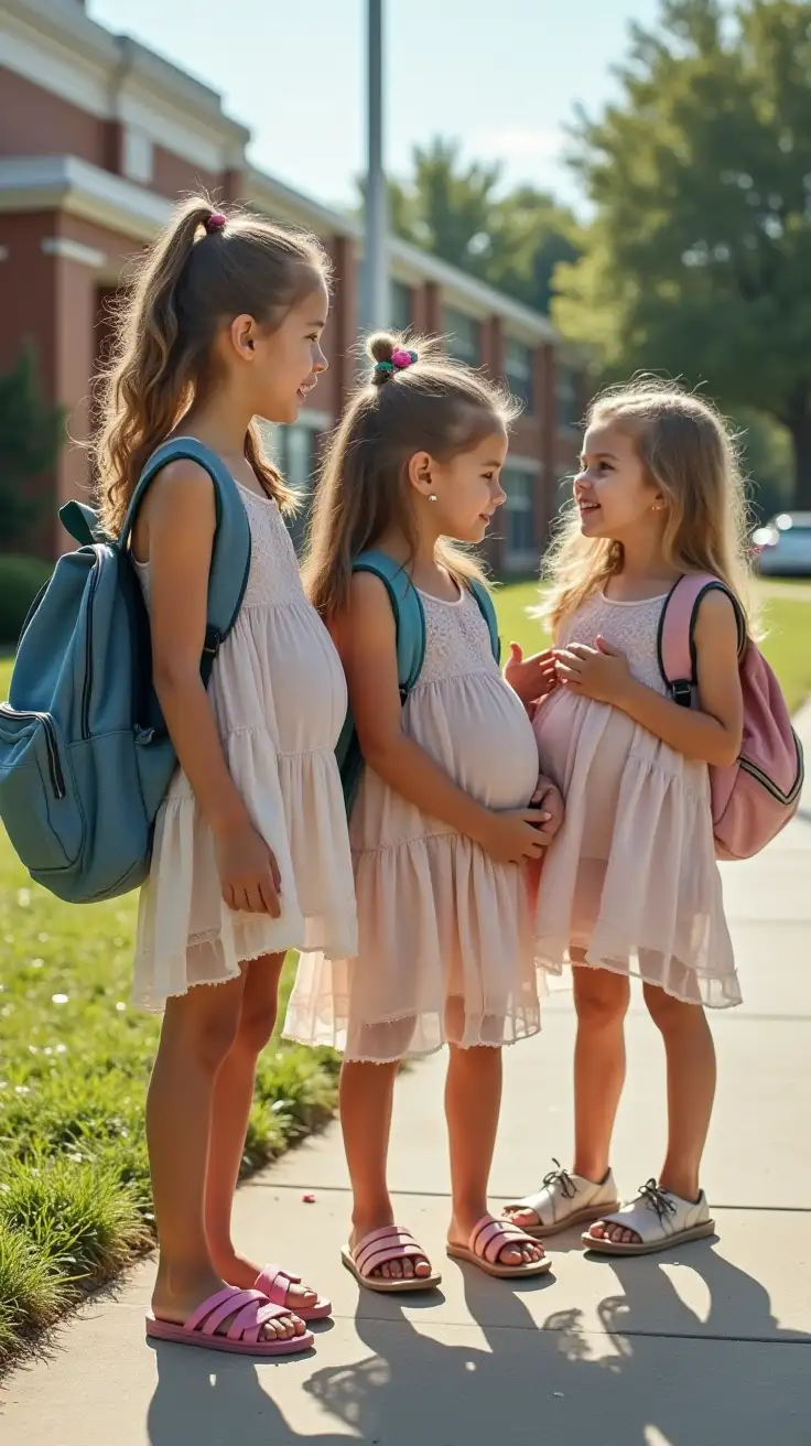 Three-Petite-Young-Sisters-Waiting-for-Pickup-in-Sheer-Dresses-with-Pregnant-Bellies-and-a-Toddler