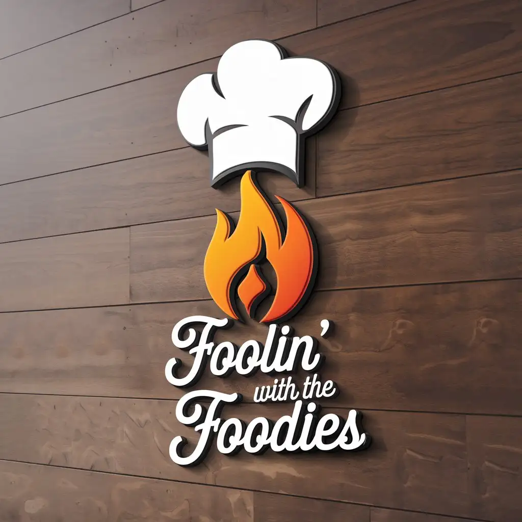 LOGO Design for Foolin with the Foodies 3D Metallic Chefs Hat Flame on Wooden Wall with Elegant Script