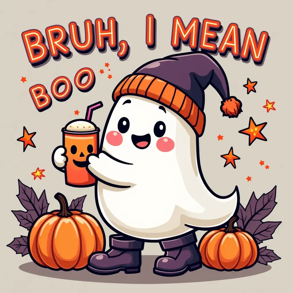 Create a Halloween-themed featuring a cute ghost wearing a beanie and boots, holding a pumpkin-shaped drink. The ghost should be surrounded by pumpkins, leaves, and stars. The text 'BRUH, I MEAN BOO' should be prominently displayed in bold neon, colorful letters, with a playful, handwritten style. The overall style should be lighthearted and fun, with a touch of cuteness.