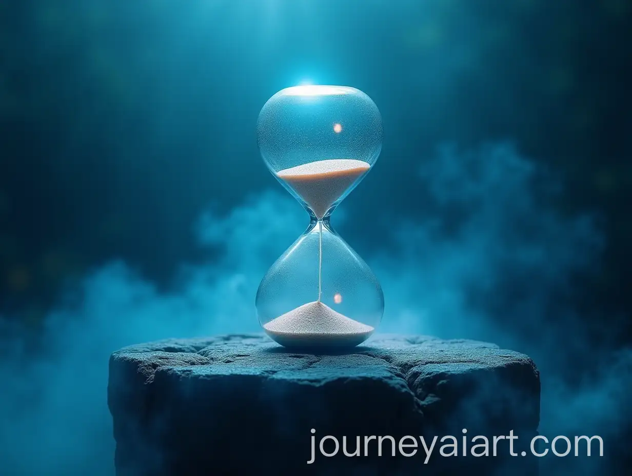 Crystal-Hourglass-with-Glowing-Sand-on-Ancient-Stone-Pedestal-Surrounded-by-Mists