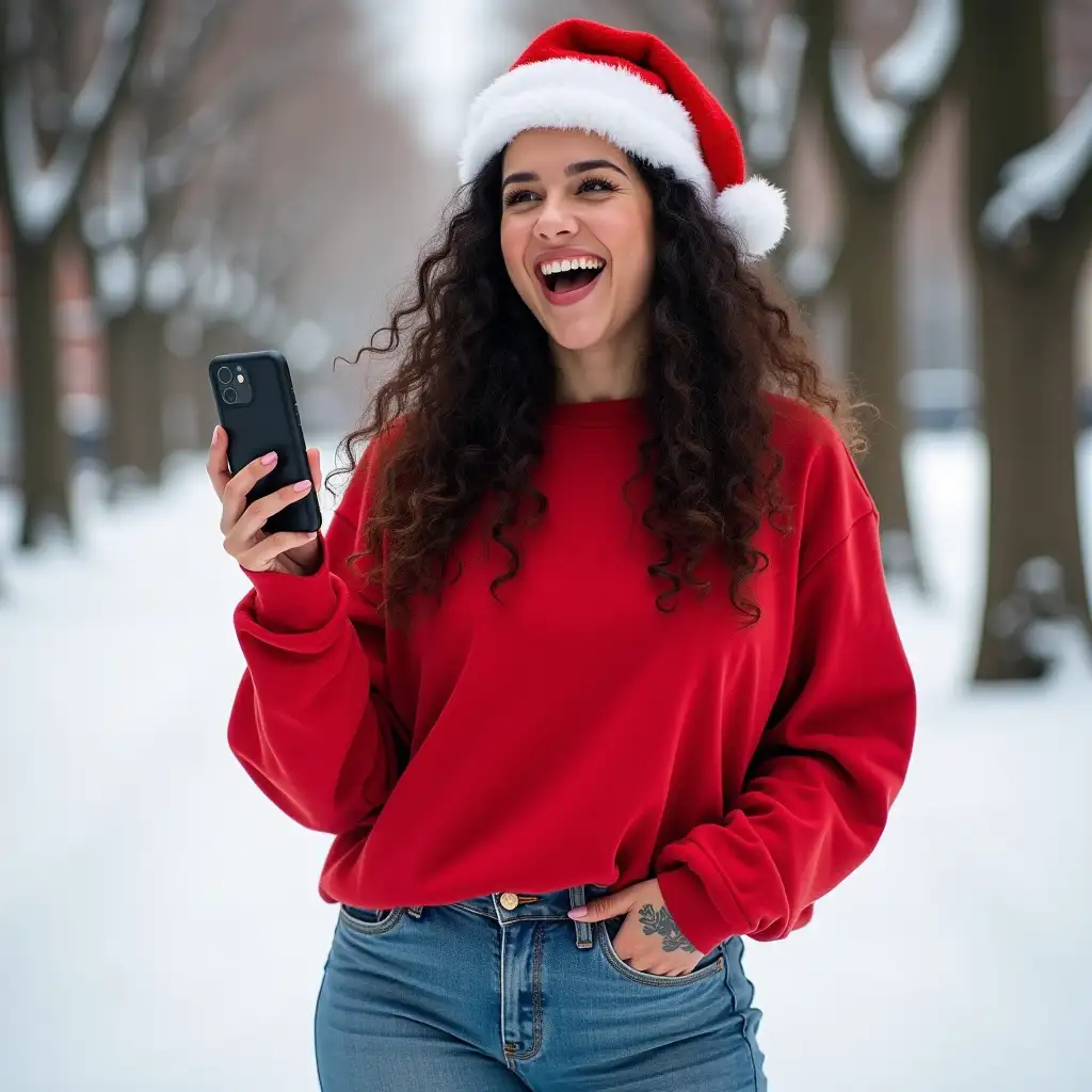 Curvy-Woman-in-Red-Sweatshirt-with-Santa-Hat-Holding-Cellphone-in-Snowy-Winter-Scene