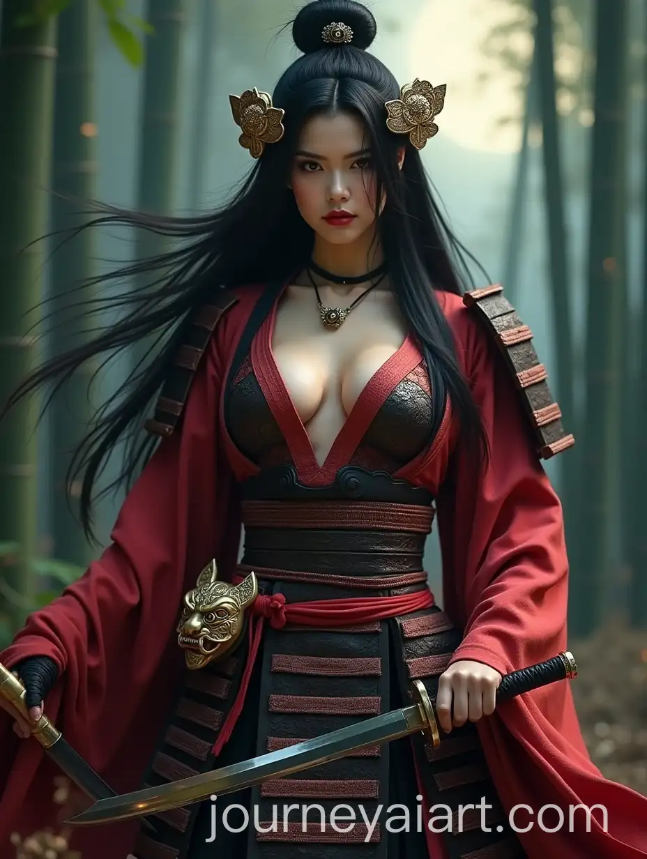 Elegant-Japanese-Female-Warrior-in-Red-and-Black-Samurai-Armor-with-Katana-in-Bamboo-Forest