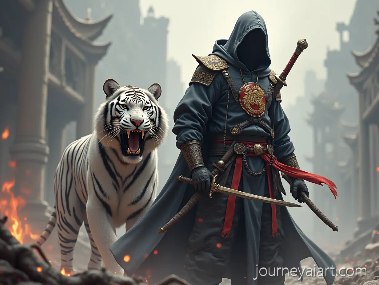 Asian-King-of-Gana-withAI-Image-Expansion-Dragon-Hoodie-Sword-and-White-Tiger-in-a-Ruined-City