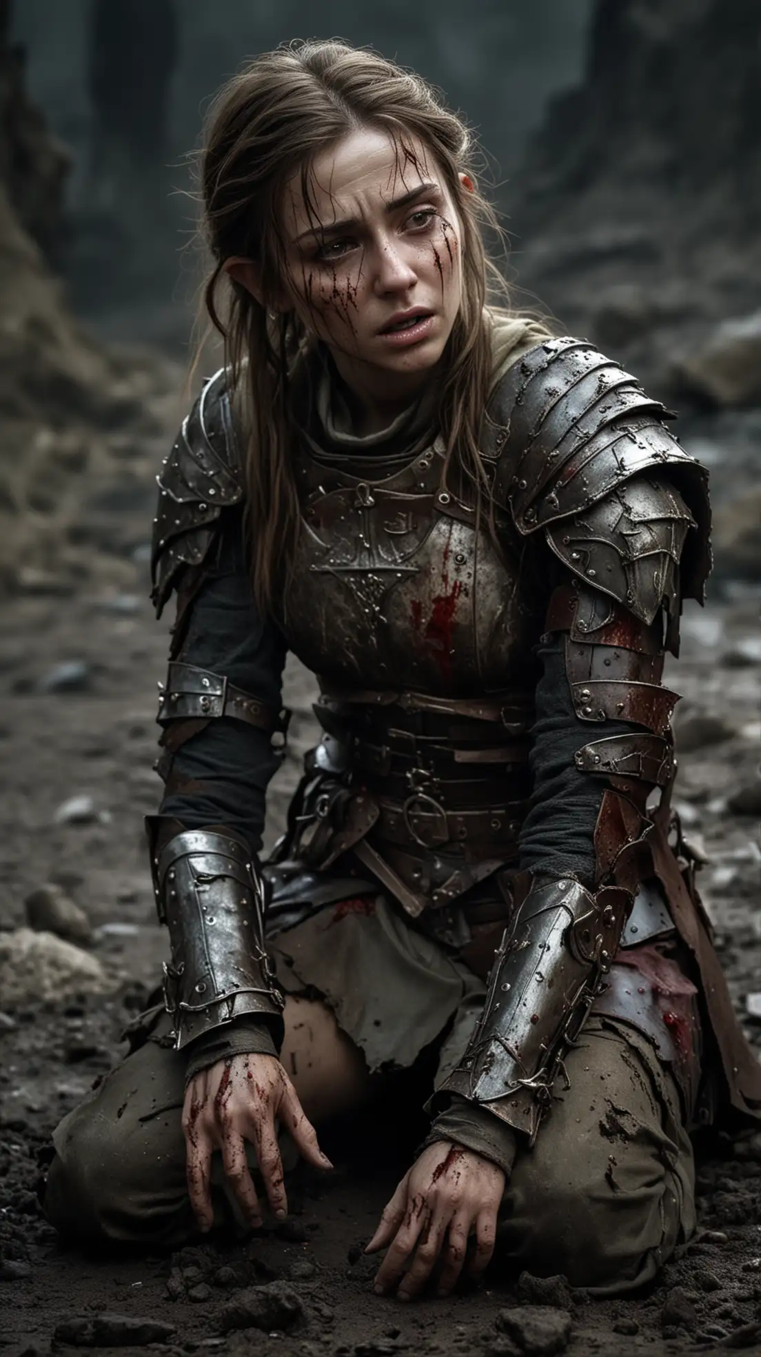 Elf princess with brown hair and light damaged armour wounded with a heavily bruised face, gruesome wounds, battle worn, blackened eyes, covered in blood and dirt, who is kneeling on a desolate battlefield at a dark night. She is suffering with closed eyes and tortured with agonizing pain.