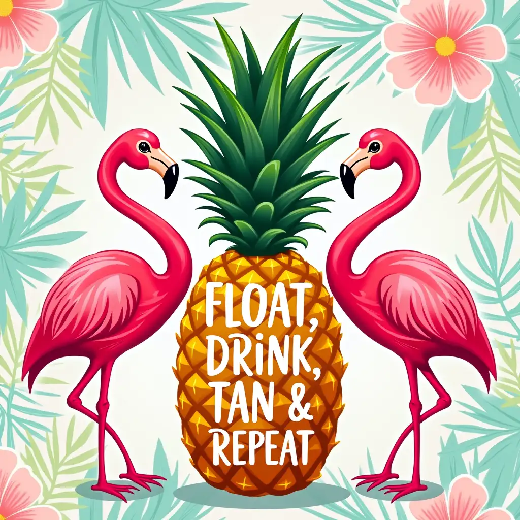 Create a vibrant, tropical-themed image featuring two pink flamingos standing on either side of a pineapple. The flamingos should have detailed feathers and expressive eyes. The pineapple should be ripe and juicy, with a pineapple leaf crown. The background should be a colorful floral pattern with palm trees and other tropical plants. The text 'FLOAT, DRINK, TAN, & REPEAT' should be prominently displayed in bold, contrasting fonts, with a playful, handwritten style. The overall style should be lighthearted and fun, with a focus on the beauty of tropical paradise.