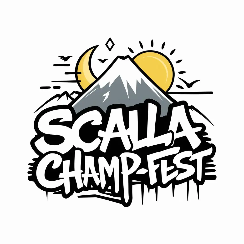 LOGO Design For SCALA CHAMPFEST Japanese Mountain with Crescent Moon Sun and Birds in Graffiti Style