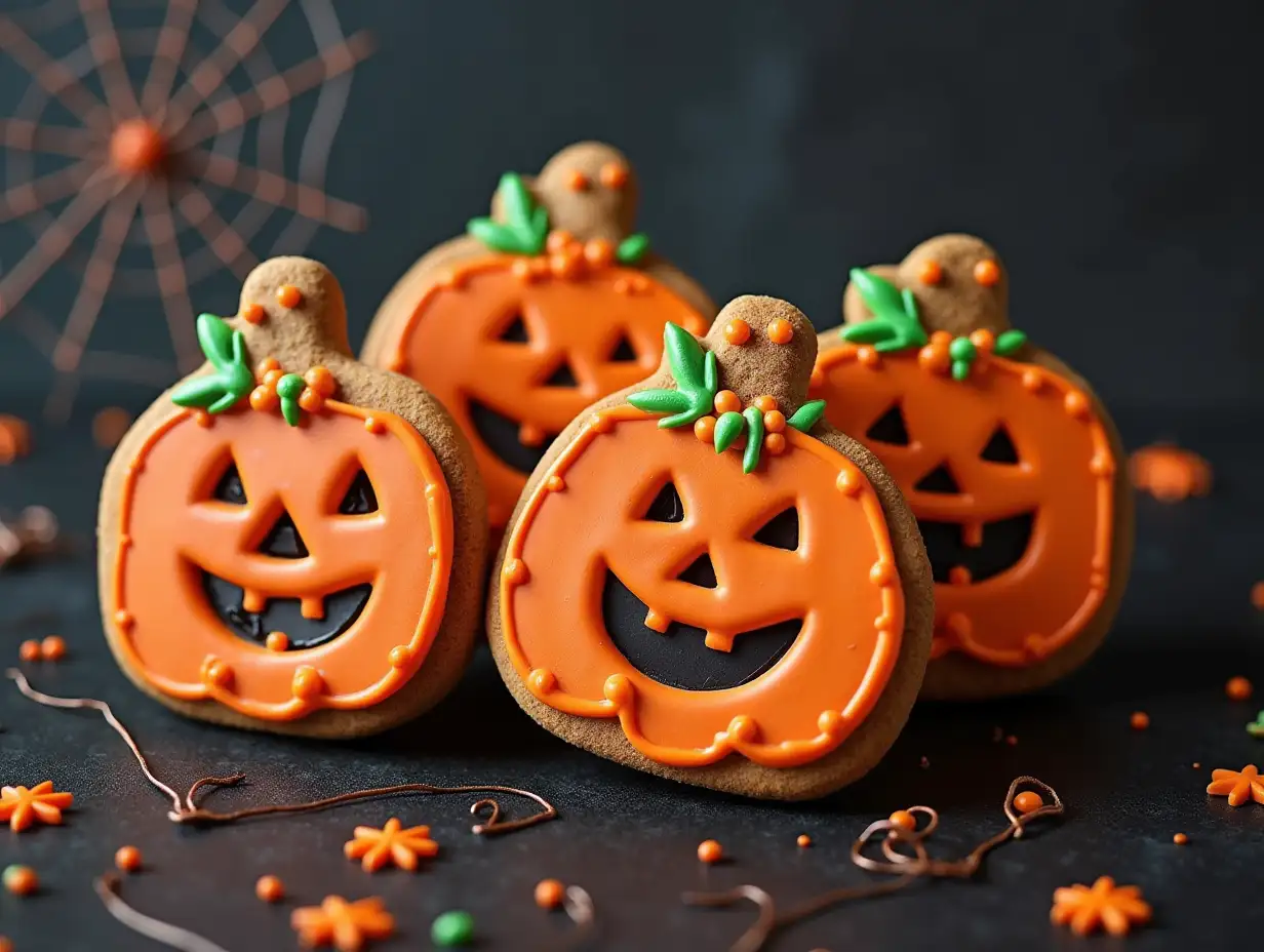 Spooky-Halloween-Gingerbread-JackOLantern-Cookies-with-Spider-Web