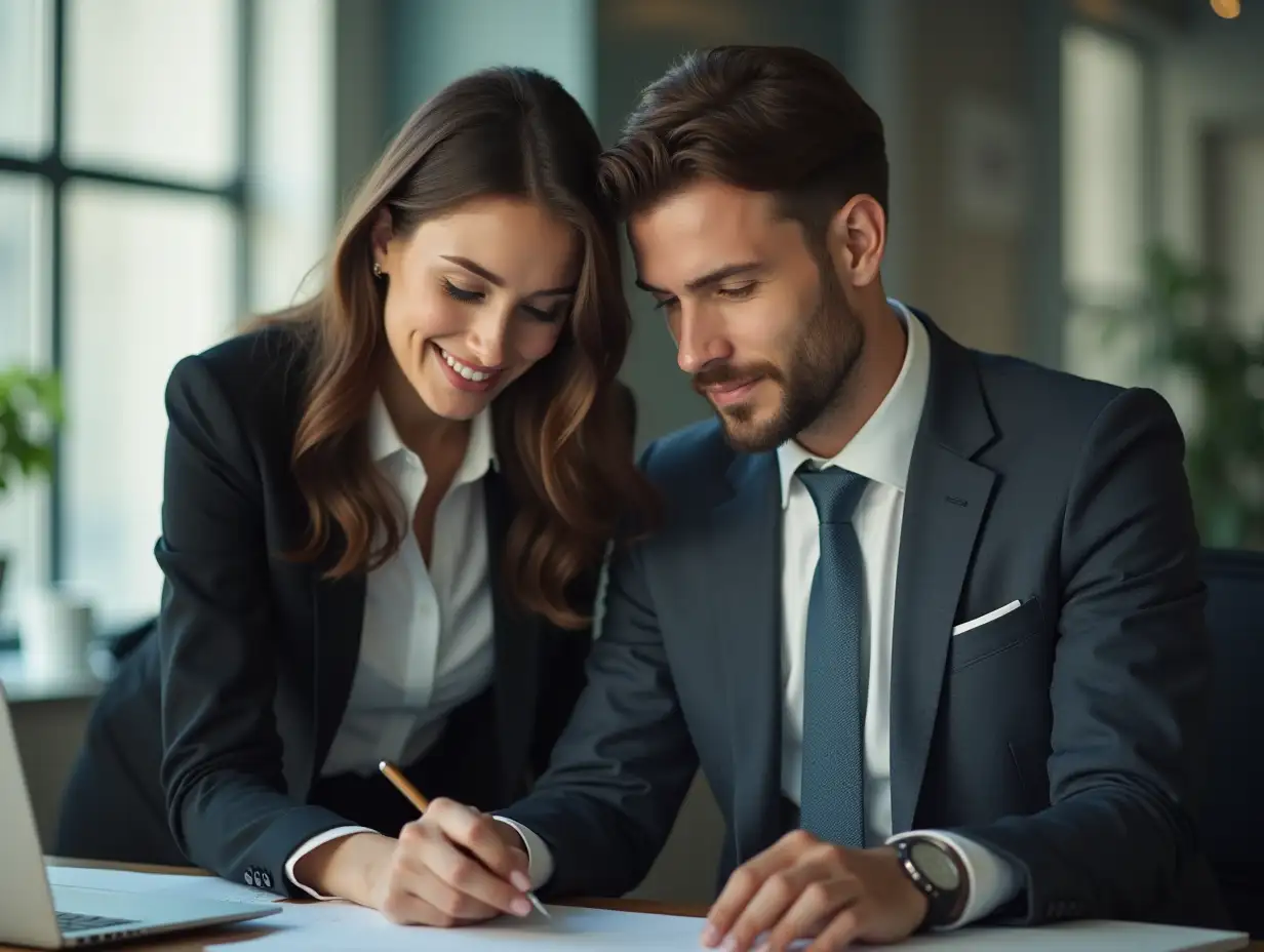 (8K, RAW photo, top quality, masterpiece:1.3),(realistic, photo-realistic:1.37 a beautiful young woman, (clothe office style  , She is in the office with her male boss, the boss is sitting at a table, looking through documents while she stands next leaning to him ,