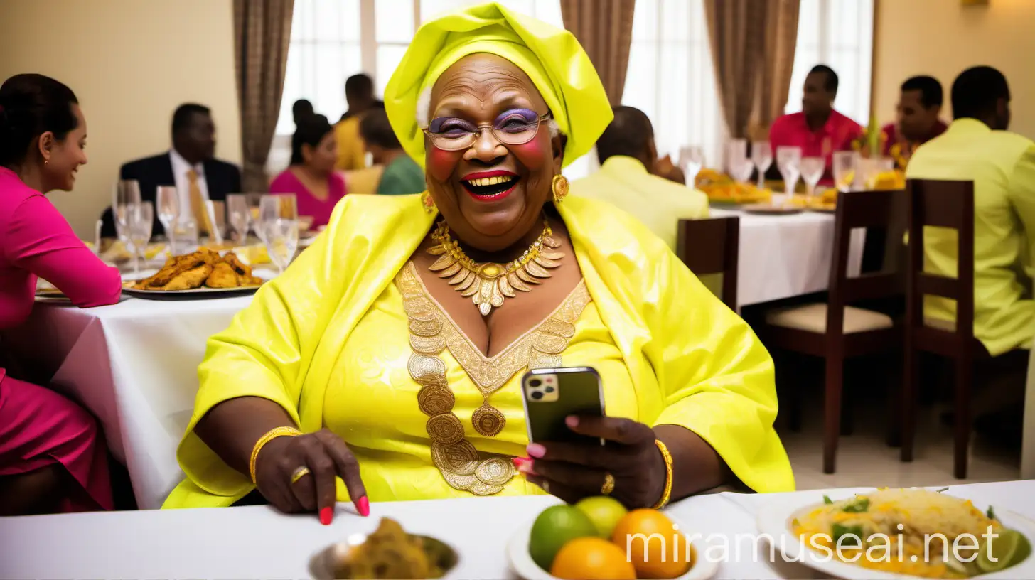 Elderly African Woman in Neon Lemon Robes at Marriage Ceremony